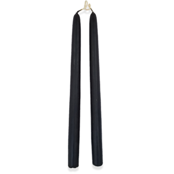 Two black tapered beeswax candles