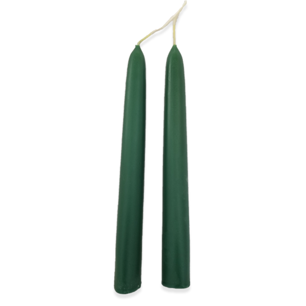 Two green tapered beeswax candles