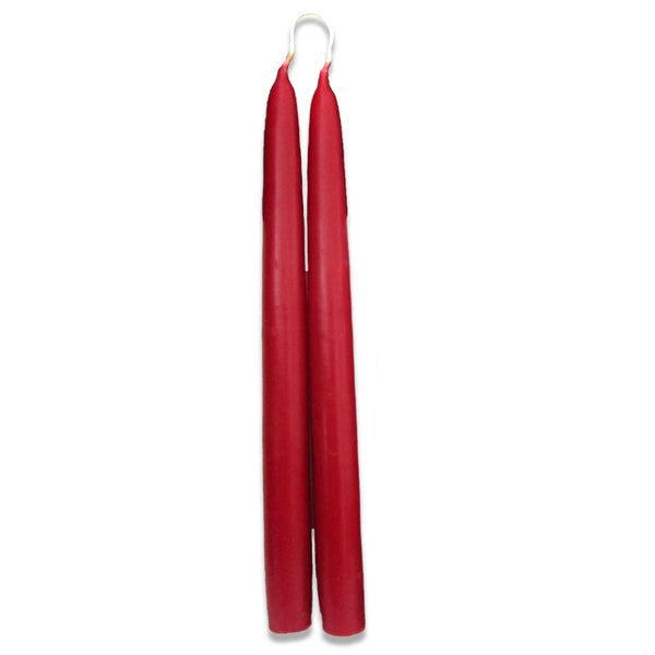 Two red tapered beeswax candles