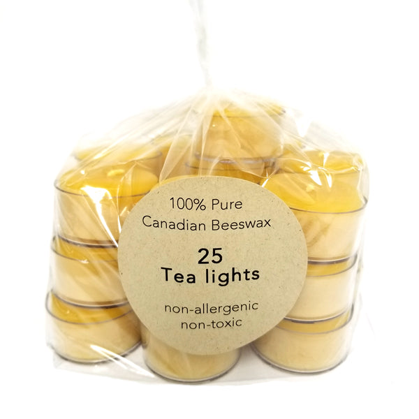 25 pack of 100% pure beeswax tea lights in clear cups