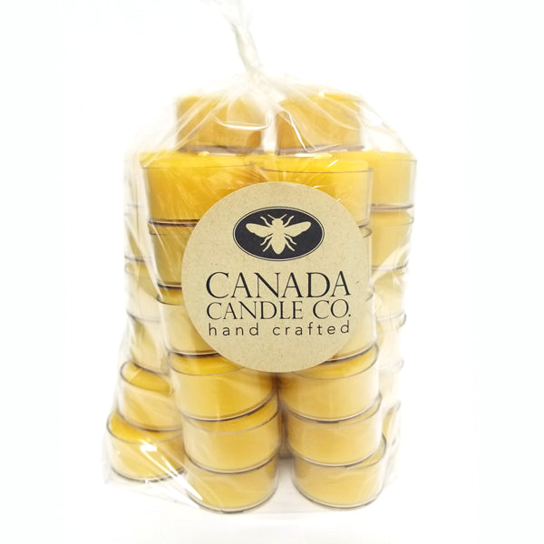 A pack of fifty 100% pure beeswax tealights in clear cups